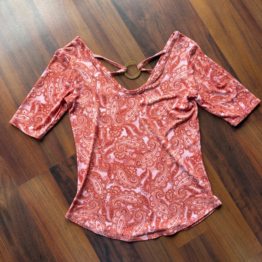 Willow Drive Womens XS Paisley Scoop Neck Top O-Ring Back Cutout Terracotta Pink